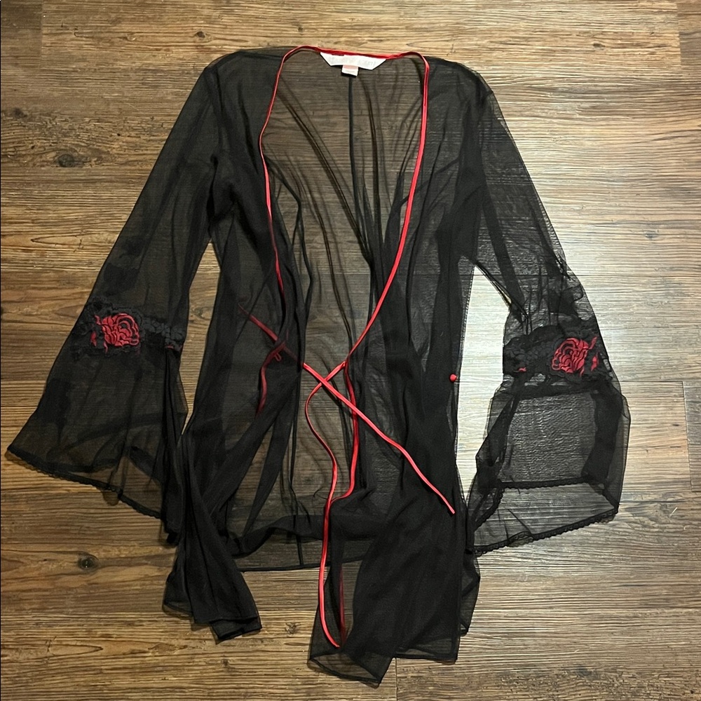 Victoria's Secret Black Sheer Robe with Red Trim